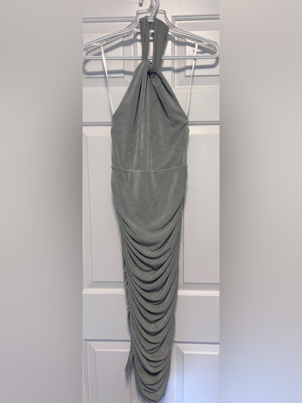 le chateau Light Teal Halter Midi Dress with Ruched Skirt, Small